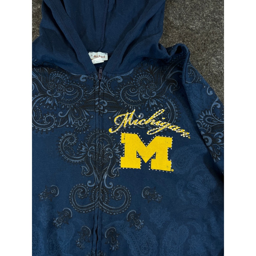 Vintage 90s P Michael Michigan Wolverines Paisley Zip Hoodie Navy Blue Womens XL
